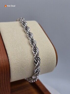 Silver Twisted Rope Link Bracelet Braided Chain Unisex Shiny 7.5"